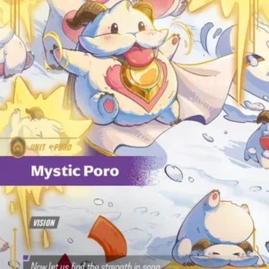 Rarity: Showcase Number: 224/219 Description: VISION Energy Cost: 2 Power Cost: 0 Might: 2 Card Type: Unit Tag: Poro Domain: Chaos Flavor Text: Now let us find the strength in song And let it raise our hearts aloft Set: Unleashed